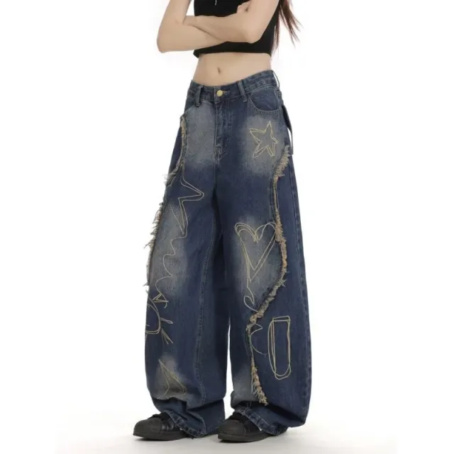 Women's High Waist Ripped Jeans Slim Fit Wide Leg Floor Length Pants Blue - Shop at LoveMi
