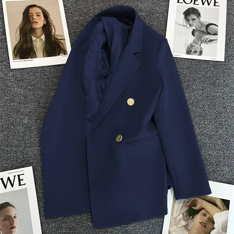Women's Metal Buckle Suit Jacket - Dark Blue