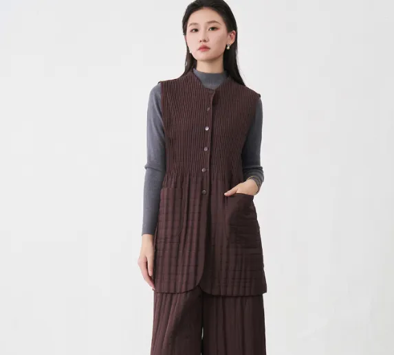 Women's Vest Coat Straight leg Cotton Pants Versatile Two piece Set Brown - Shop at LoveMi