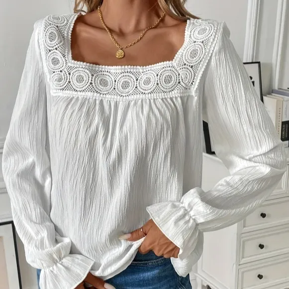 Women's Lace-collar Long-sleeve Loose Top - White - View 1