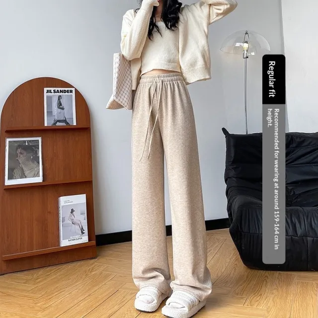 High waisted Straight leg Knit Wide leg Pants For Women Oatmeal - Shop at LoveMi