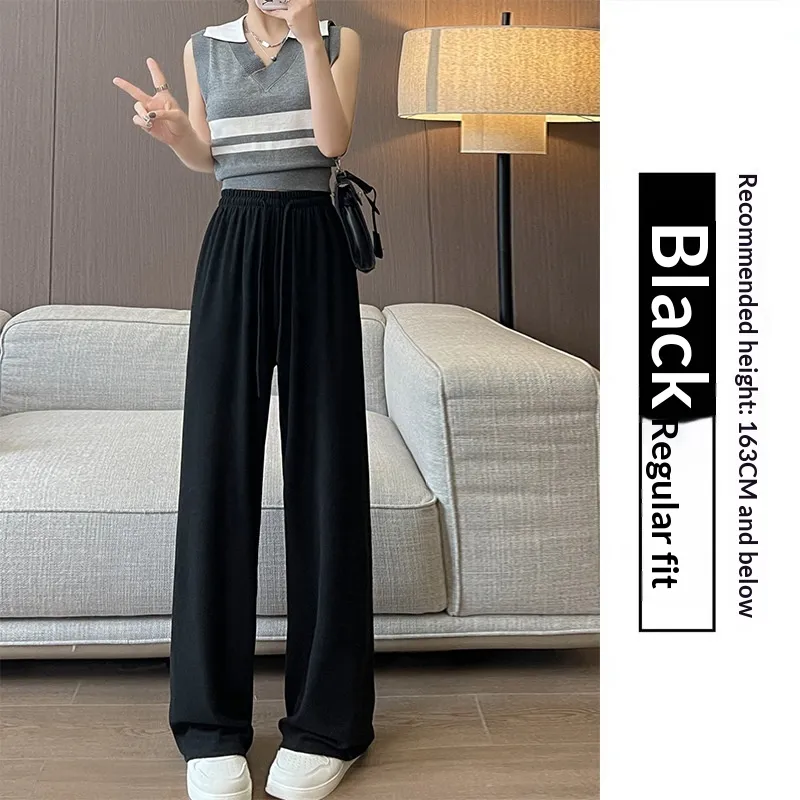 High-waisted Straight-leg Knit Wide-leg Pants For Women - Black