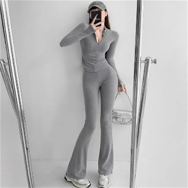Women's Zipper V-neck Long-sleeved Top With Slim Flare Pants - Light Gray Suit
