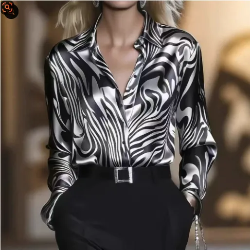Fashionable Abstract Animal Print Satin Commuter Slim fit Long sleeve Shirt Black - Shop at LoveMi