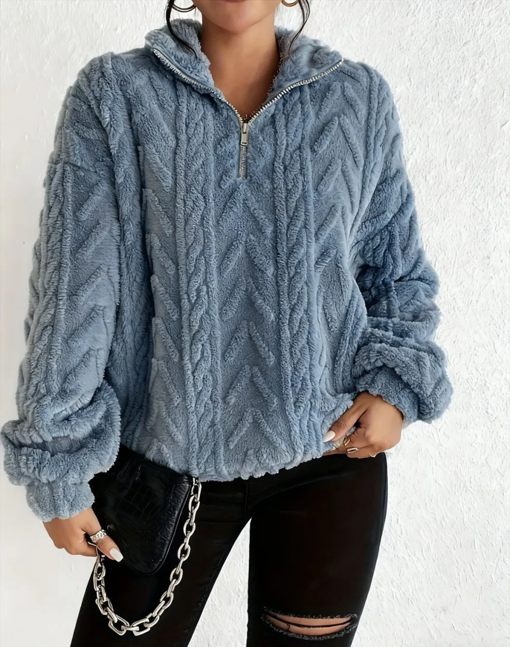 Double-sided Plush Latte Art Casual Zipper Pullover Top - Royal-S