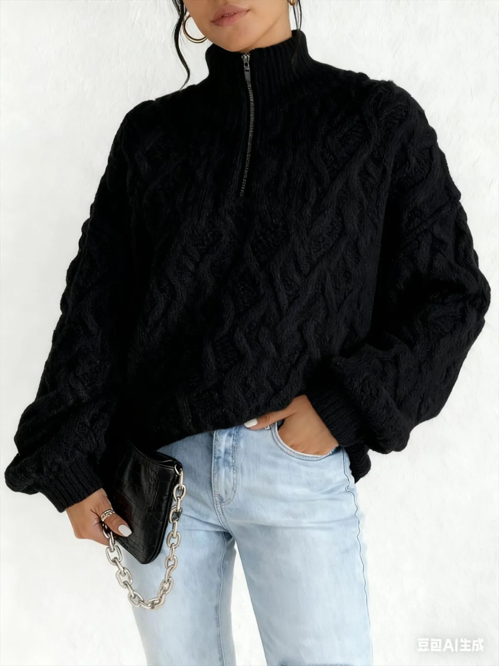 Double-sided Plush Latte Art Casual Zipper Pullover Top - Black
