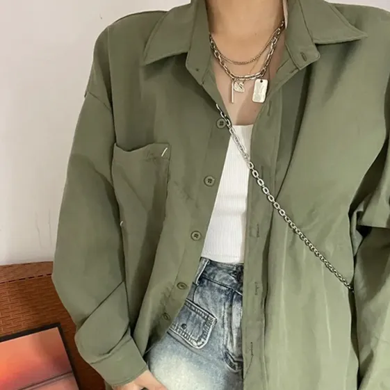 American Retro Green Shirt Cardigan Women's Spring And Autumn Coat - Army Green