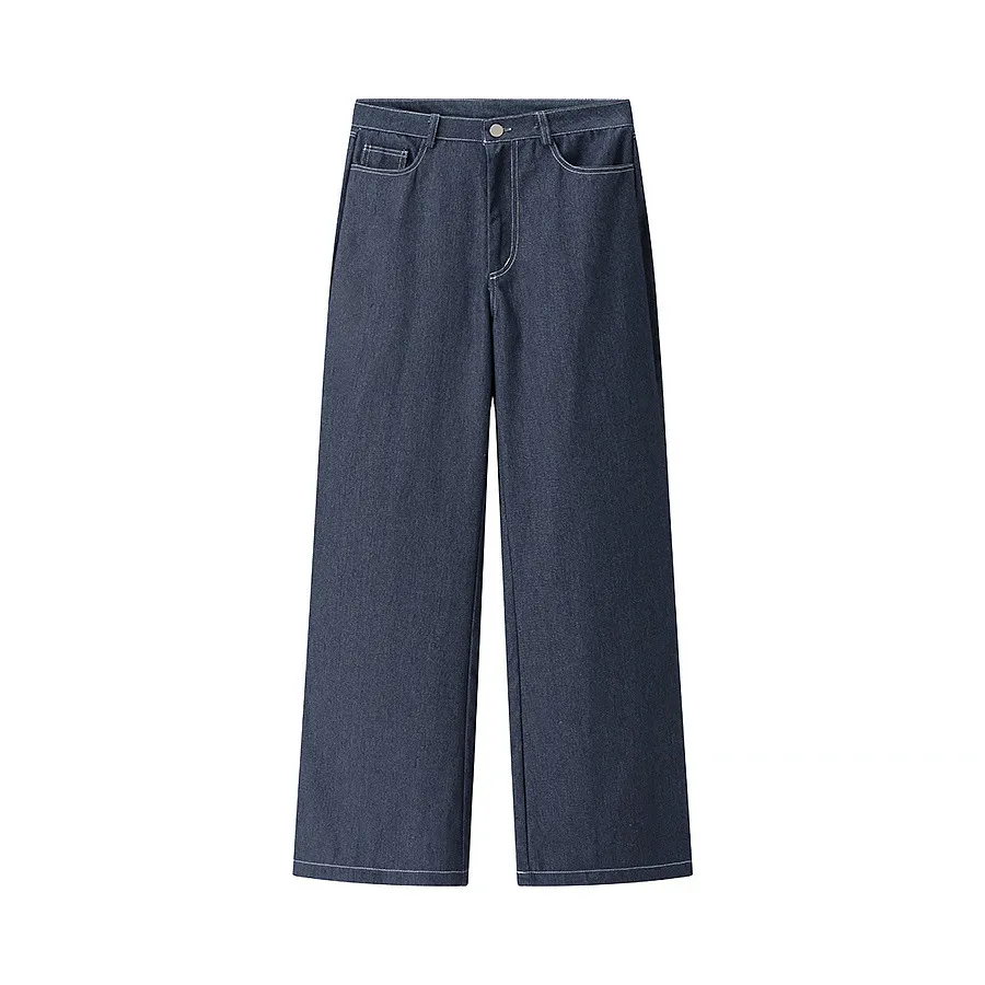 Women's Fashion Casual Round-neck Top High-waist Solid Color Pants Suit - Blue Pants