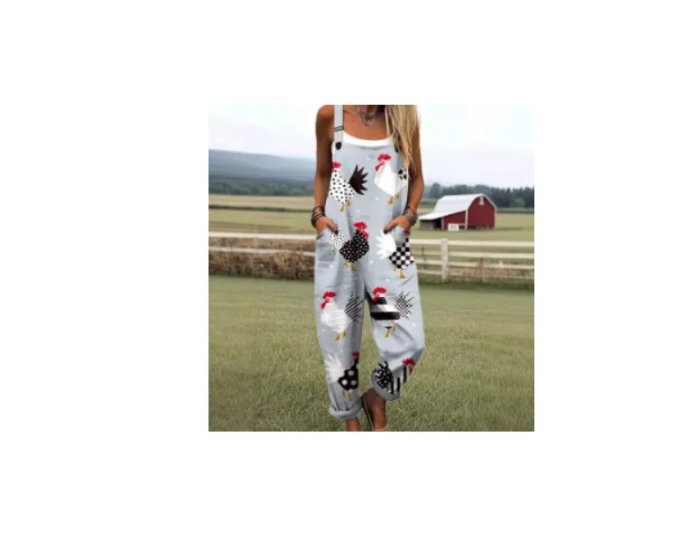 Women's Summer Digital Printing Button Casual Suspender Trousers - Rjkzbdk802