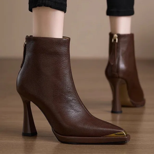 AutumnWinter Europe New Pointed Toe Chunky Heel Side Zip Boots For Women Brown - Shop at LoveMi