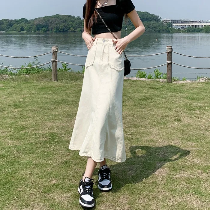 Summer New Women's Denim Skirt High Waist Denim Fishtail Skirt Loose And Slimming - Apricot