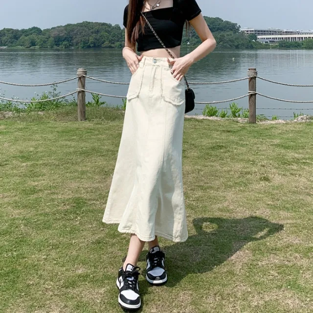 Summer New Women's Denim Skirt High Waist Denim Fishtail Skirt Loose And Slimming Apricot - Shop at LoveMi