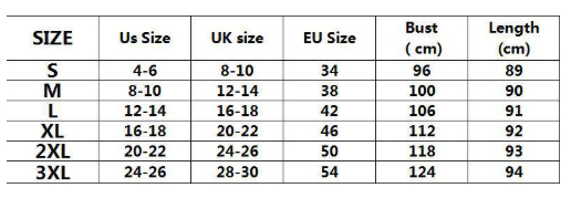 Size chart for patchwork cake midi dress – XS S M L XL XXL XXXL measurements