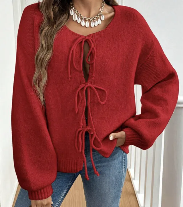 Women's Casual Loose Cardigan Lace up Solid Color Sweater Red - Shop at LoveMi