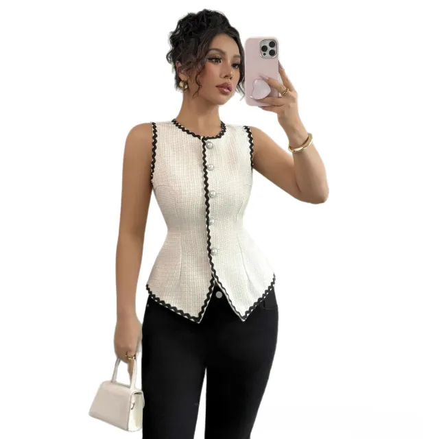 New Color block Round neck Sleeveless Embroidered Vest Apricot - Shop at LoveMi