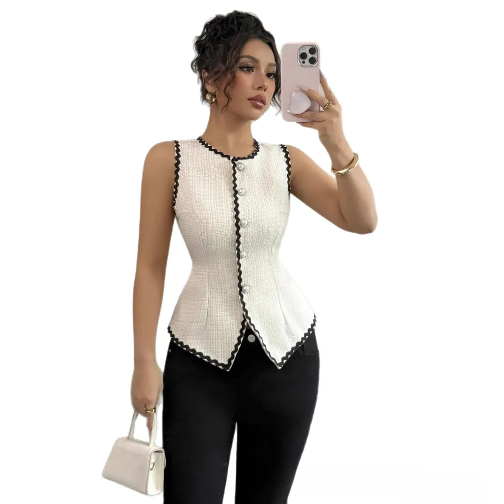 New Color-block Round-neck Sleeveless Embroidered Vest - Apricot