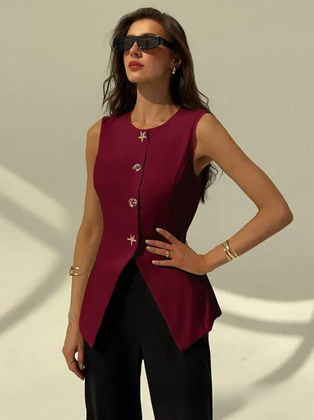 Fashionable Sleeveless Waist cinching Versatile Button Women's Vest Wine Red - Shop at LoveMi