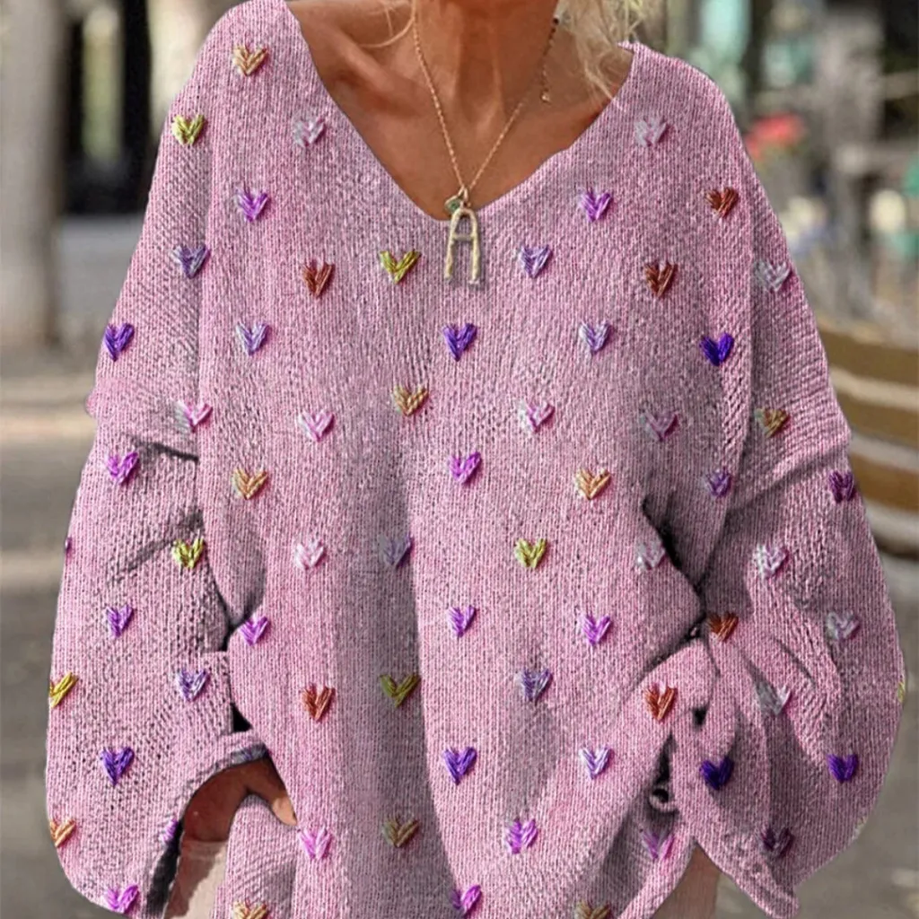 Women's Autumn Winter Lazy Style Loose V-neck Printed Pullover - Purple