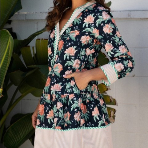 Blue Floral Print Stripe Decorated V neck Long Sleeve Ruffle Hem Dress Blue - Shop at LoveMi