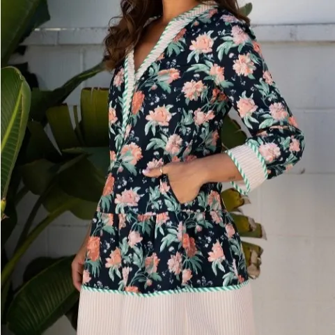 Blue Floral Print Stripe Decorated V-neck Long Sleeve Ruffle Hem Dress - Blue