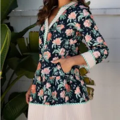 Blue Floral Print Stripe Decorated V-neck Long Sleeve Ruffle Hem Dress - Blue - View 1