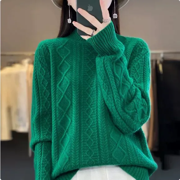 Autumn And Winter Thickening Half Turtleneck Cable knit Sweater Sweater Emerald 3Xl - Shop at LoveMi