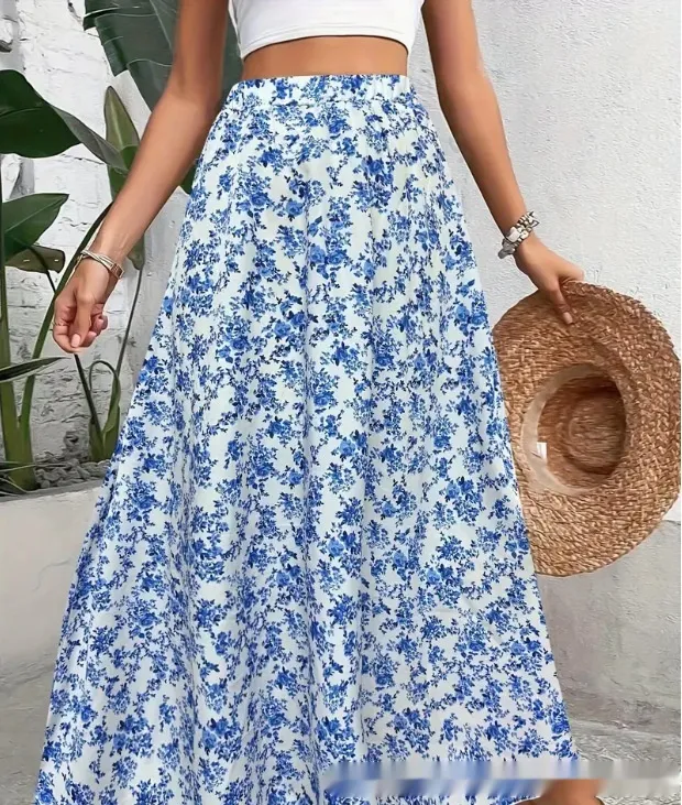Women's Casual Printed Elegant Large Swing Skirt Blue - Shop at LoveMi