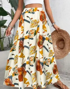 Women's Casual Printed Elegant Large Swing Skirt - Yellow - View 1