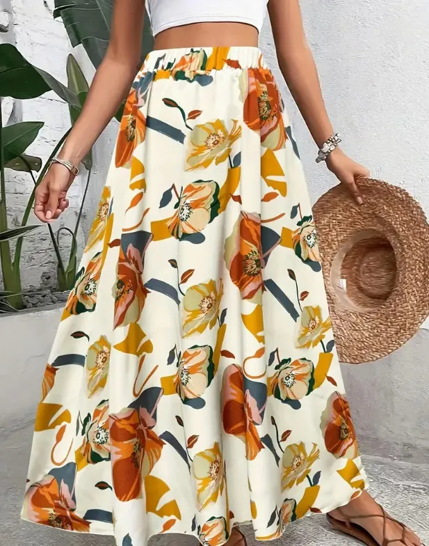 Women's Casual Printed Elegant Large Swing Skirt - Yellow