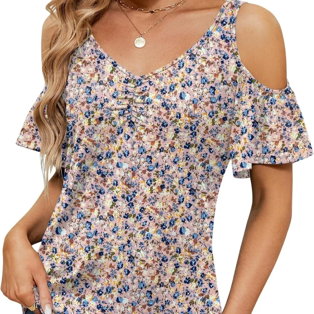Women's Off-shoulder Printed Short-sleeve Loose Top - Small Purple Flower