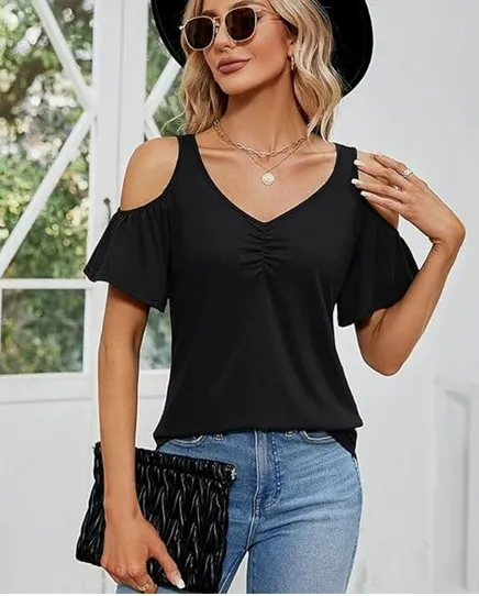 Women's Off shoulder Printed Short sleeve Loose Top Black - Shop at LoveMi
