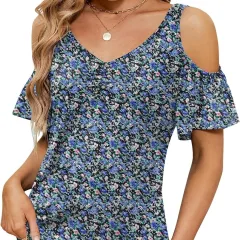 Women's Off-shoulder Printed Short-sleeve Loose Top - Orchid-S - View 1