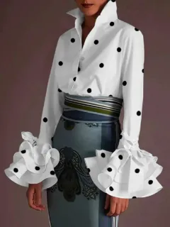 Women's Solid Colour Slim Casual Ruffle Sleeve Shirt Top - White Dots - View 1