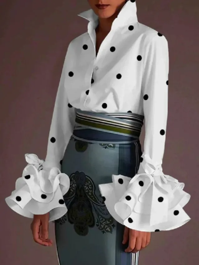 Women's Solid Color Slim Casual Ruffle Sleeve Shirt Top White Dots - Shop at LoveMi
