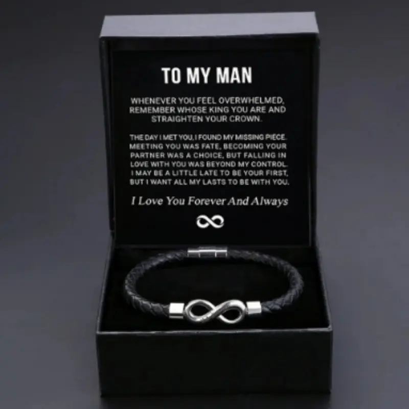 8-word Stainless Steel Black Handmade Leather Men's Bracelet
