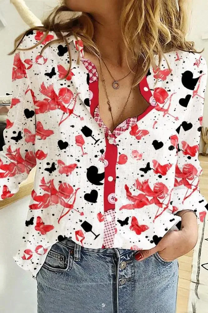 Creative Love Valentine's Day Element Pattern Long Sleeve Women's Shirt - 5 C324 Models-4Xl