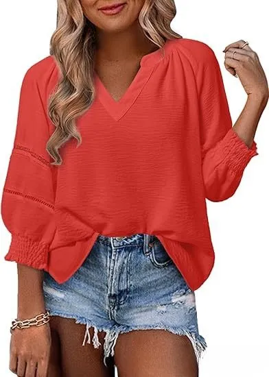 New Women's V neck Casual Solid Color Long Sleeve Loose Shirt Red - Shop at LoveMi