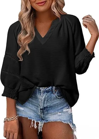 New Women's V neck Casual Solid Color Long Sleeve Loose Shirt Black - Shop at LoveMi