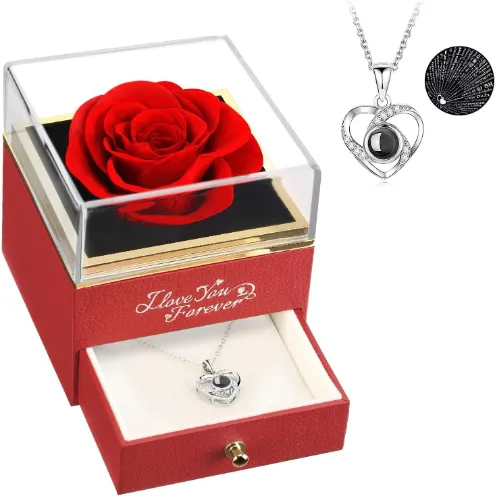 Projection Titanium Steel Necklace Female Love Heart shaped Zircon Letter Peach Heart Pendant Loue You Red Box Peach Heart - Shop at LoveMi