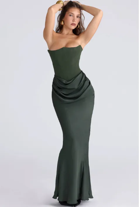 Slim Tube Top Long Dress Sexy Fashion Bandeau Backless Party Evening Dresses For Women Clothing Dark Green - Shop at LoveMi