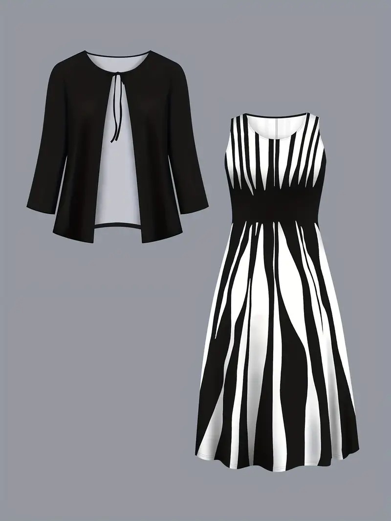 Geometric Print Plus Size Dress Long Sleeve Top Coat Long Skirt Two piece Set Black - Shop at LoveMi