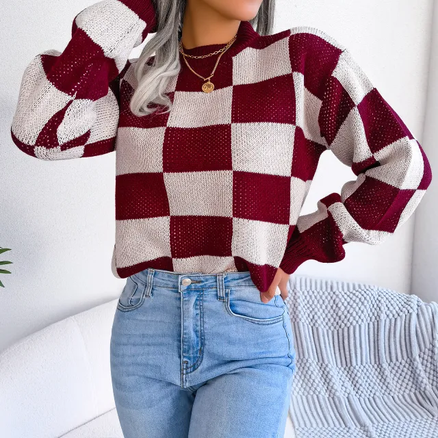 Autumn And Winter Contrast Color Plaid Long Sleeve Pullover Knitted Sweater Wine Red - Shop at LoveMi