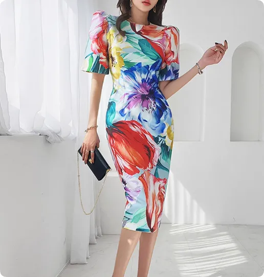 Korean Style Elegant Retro Print Round Neck Short sleeved Top Blue - Shop at LoveMi