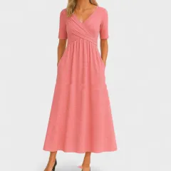 Women's Short Sleeve Summer V-neck Simple And Solid Colour Fashion - Pink - View 1
