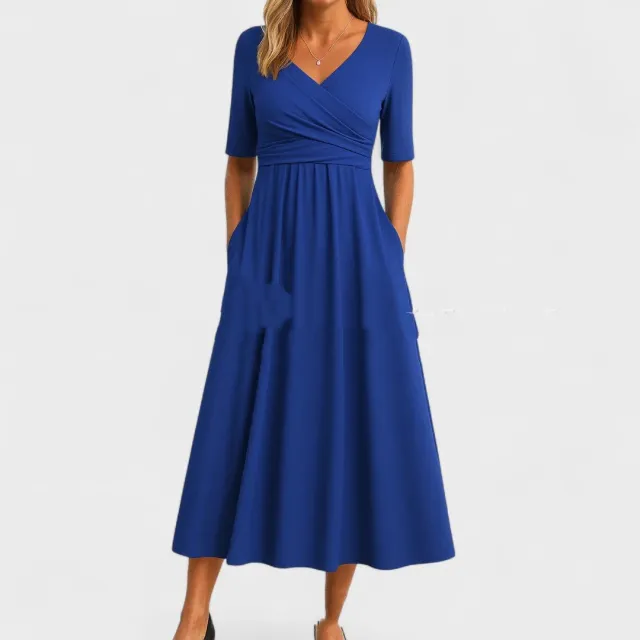 Women's Short Sleeve Summer V neck Simple And Solid Color Fashion Dark Blue - Shop at LoveMi