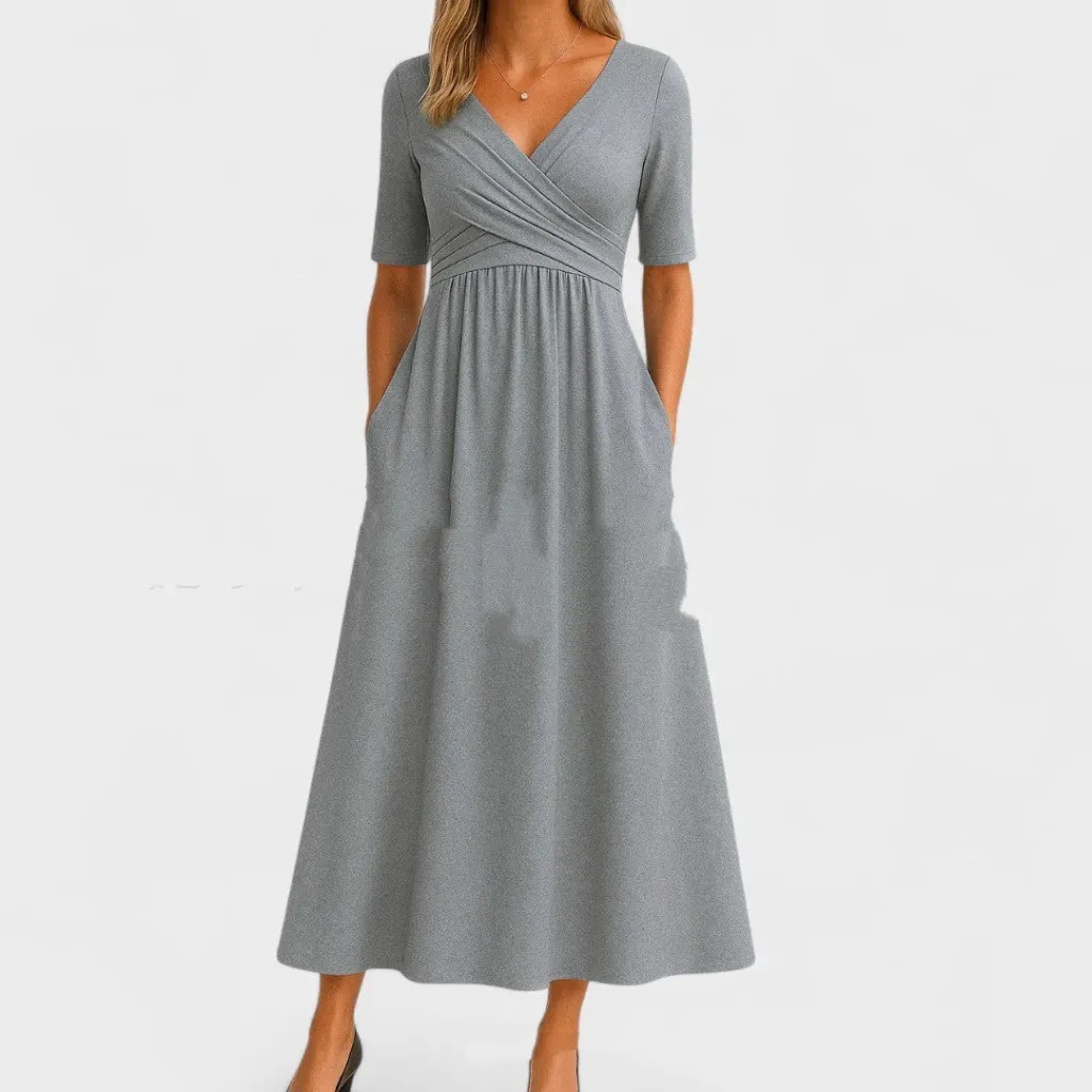 Women's Short Sleeve Summer V-neck Simple And Solid Color Fashion - Gray