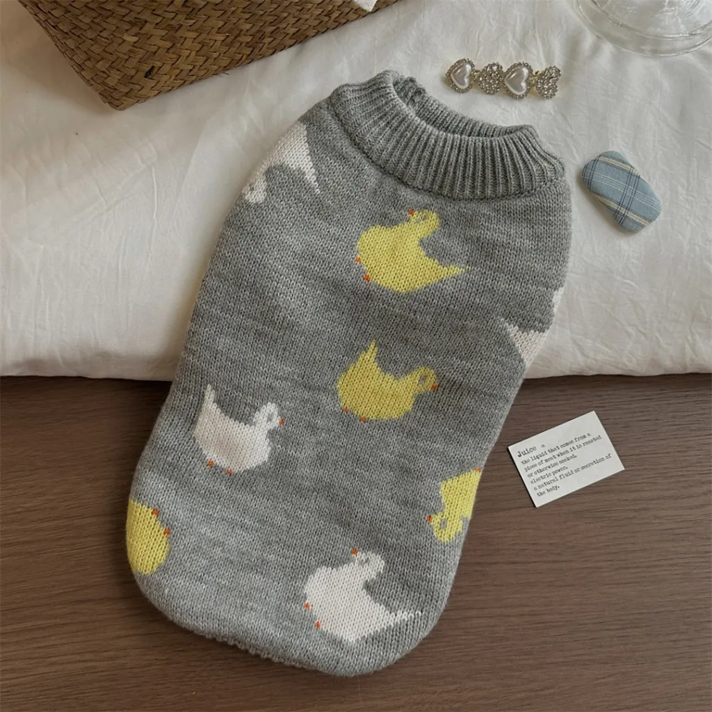 Grey Fair Isle Sweater Little Dog Teddy Sweater Autumn And Winter - Gray Yellow White Duck