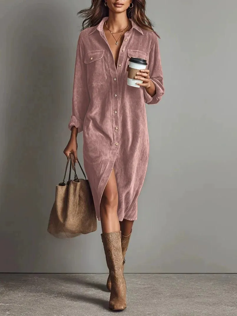 Turn-Down Collar Buttons Chic Casual Dress, Women Spring Autumn Solid Simple Party Dress, Long Sleeve Holiday Ladies Dress - Pink