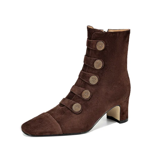 Retro High heeled Ankle Boots For Women New Autumn Style Suede Round Toe Side Zipper Chunky Heel Brown - Shop at LoveMi