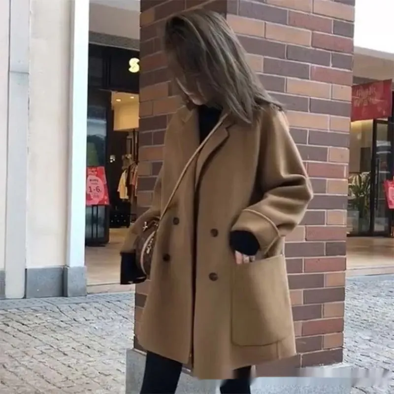 Loose Woolen Casual Coat For Women - Brown